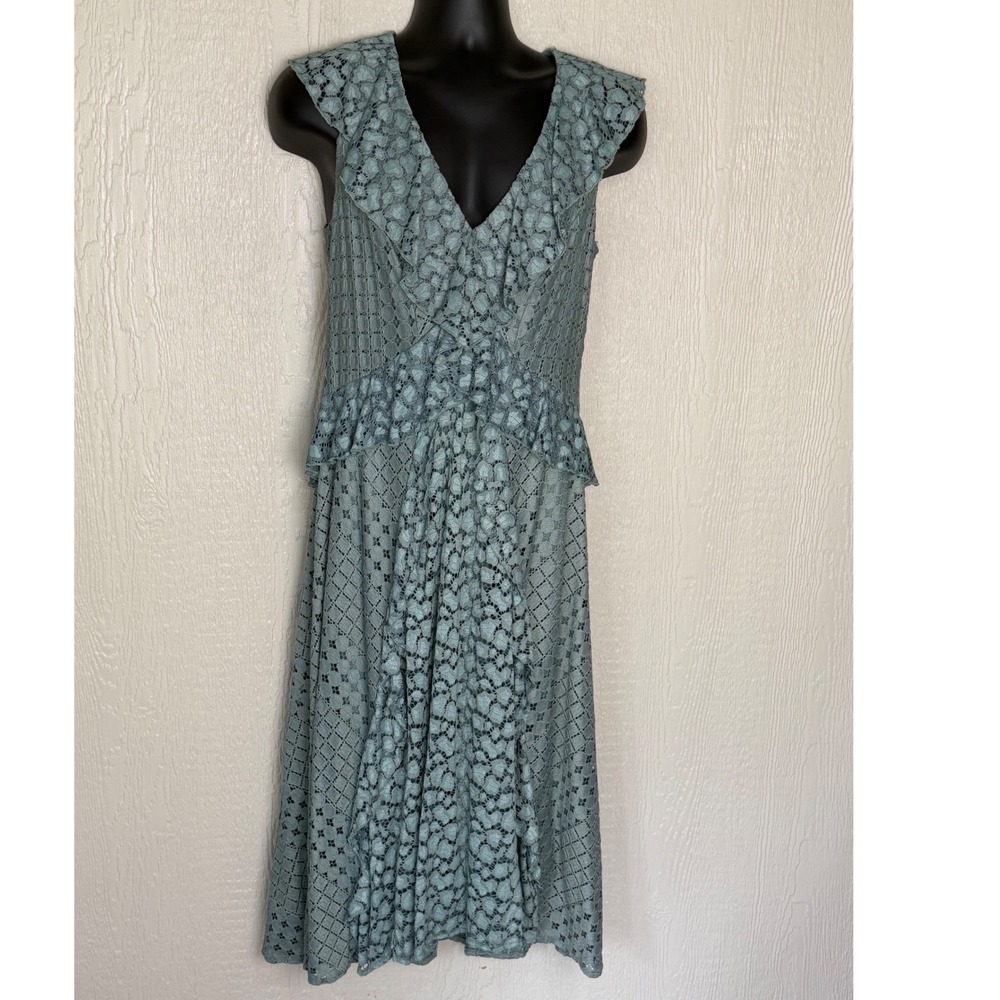 Anthropologie Mint Green Lace Ruffle Peplum Midi Dress Fall Holiday Size 12 New
